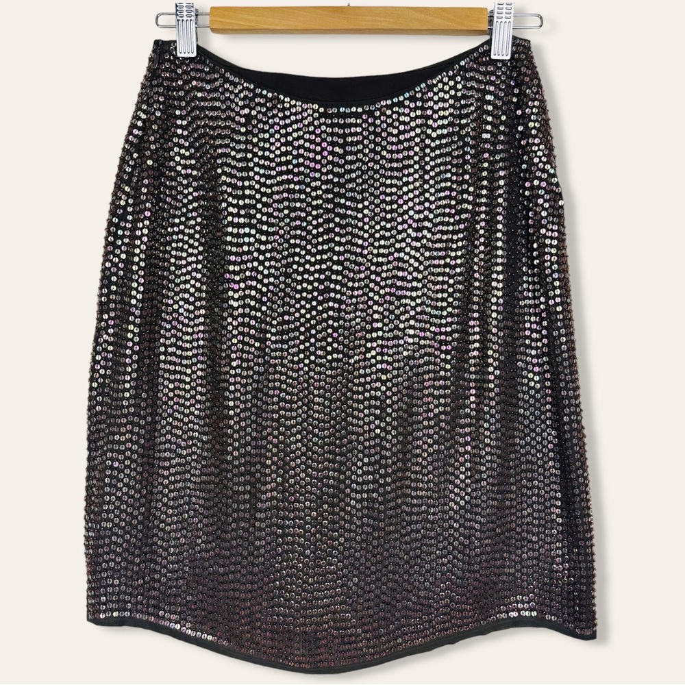 Express 90’s Retro Boho 100% Silk Beaded Iridescent Sequin Mini Slip Skirt Brown